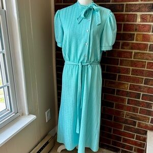 Sears Aqua Midi Dress Bow Belt Vintage Work Wear Button Top Secretary Cosplay